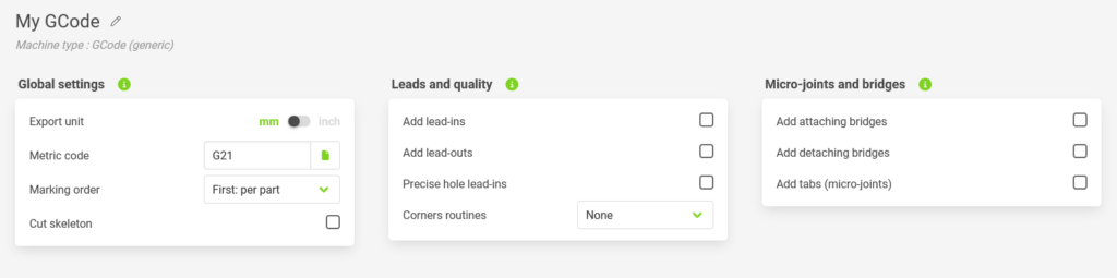 a screenshot of Gcode cam functionnalities in nest and cut